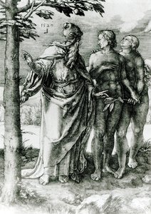 上帝在1529年的伊甸园中向亚当和夏娃展示了生命之树 作者 德国学校